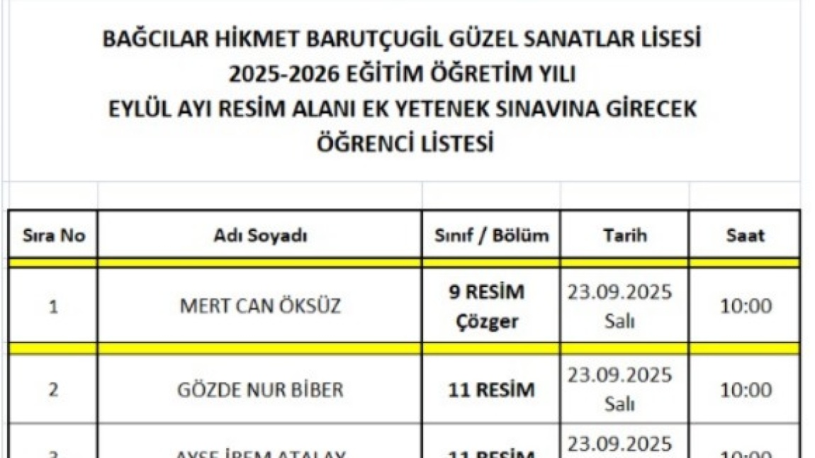 EK YETENEK SINAVI RANDEVU GÜN VE SAATLERİ